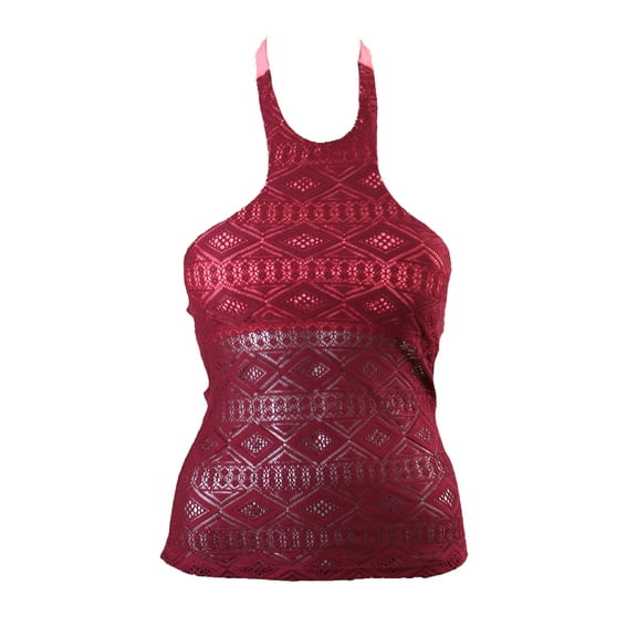 Hula Honey Burgundy Coral Mojave Diamond High-Neck Crochet Tankini Top S