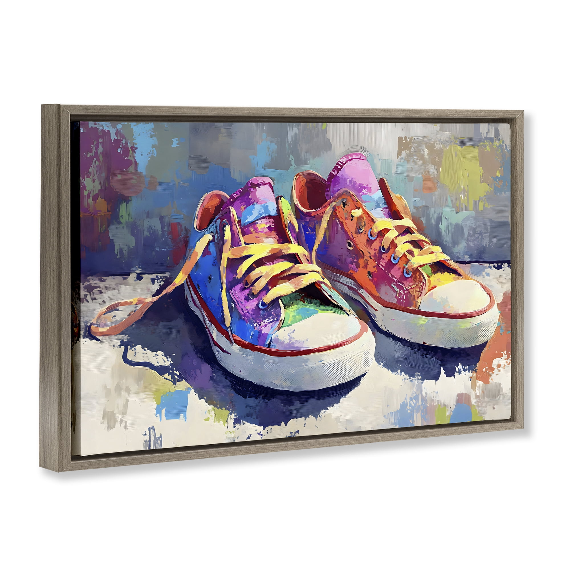 Stupell Industries Colorful Low Top Sneakers Brown Framed Floater Canvas Wall Art, design by Creative Studio