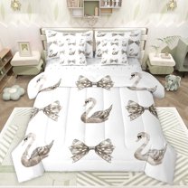 Feelyou Bow-tie Girl Twin Bedding Sets 7pcs, Romantic Swan Animal Bedding Comforter Set