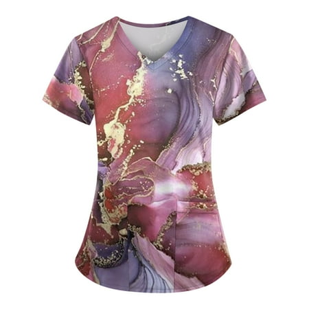 

QAZXD Womens Tops Fashion Scrubs T-Shirts Short Sleeve V-Neck Floral Blouse S-5XL Red
