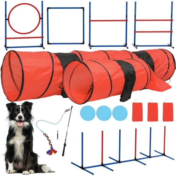 Dextrus Agility Training Equipment for Dogs, Obstacle Course Jumping Practice in Backyard, 7 Exercises Outdoor Game Set with Frisbee, Hurdle, Weave Poles, Tunnel, Jumping Ring, Square Pause Box