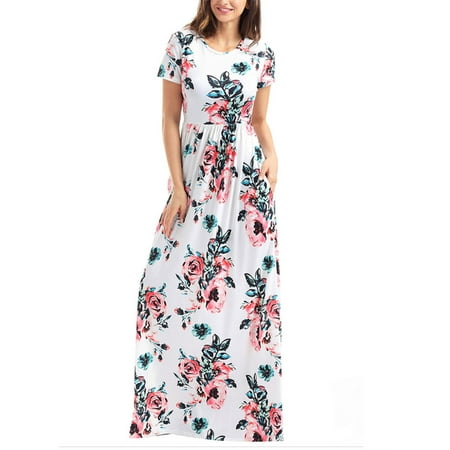 Summer Bench Short Sleeve Floral Print Women Casual Long Maxi Dress