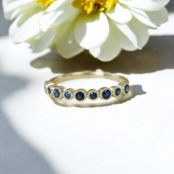 Dbeststudios 2 MM / Blue Sapphire Ring, September Birthstone Band, Blue Stone Half Eternity, Wedding Band, Sapphire Band Ring Unique Matching Gemstone Band Ring