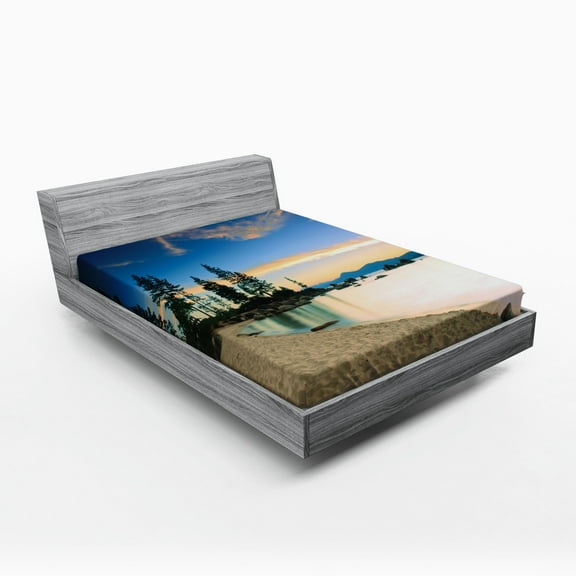 Ambesonne Beach Fitted Sheet, Peaceful Paradise Trees, Queen Size, Blue Cream