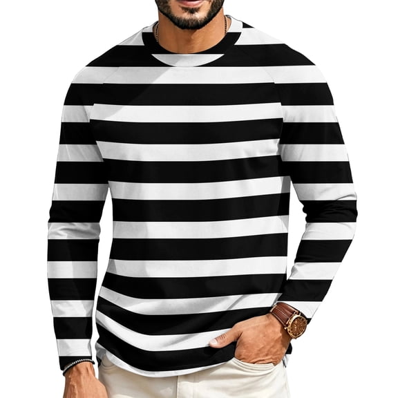 Dwelliawo Men's Casual Striped Athletic T-Shirts Basic Crewneck Long Sleeve Stretch Pullovers Outdoor Workout Tee Tops Black M