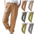 thumbnail image 2 of cFmduc Summer Trousers for Women Casual Cotton Linen Solid Color Elastic High Waist Pants with Pockets Straight Leg Loose Fit Pants, 2 of 5