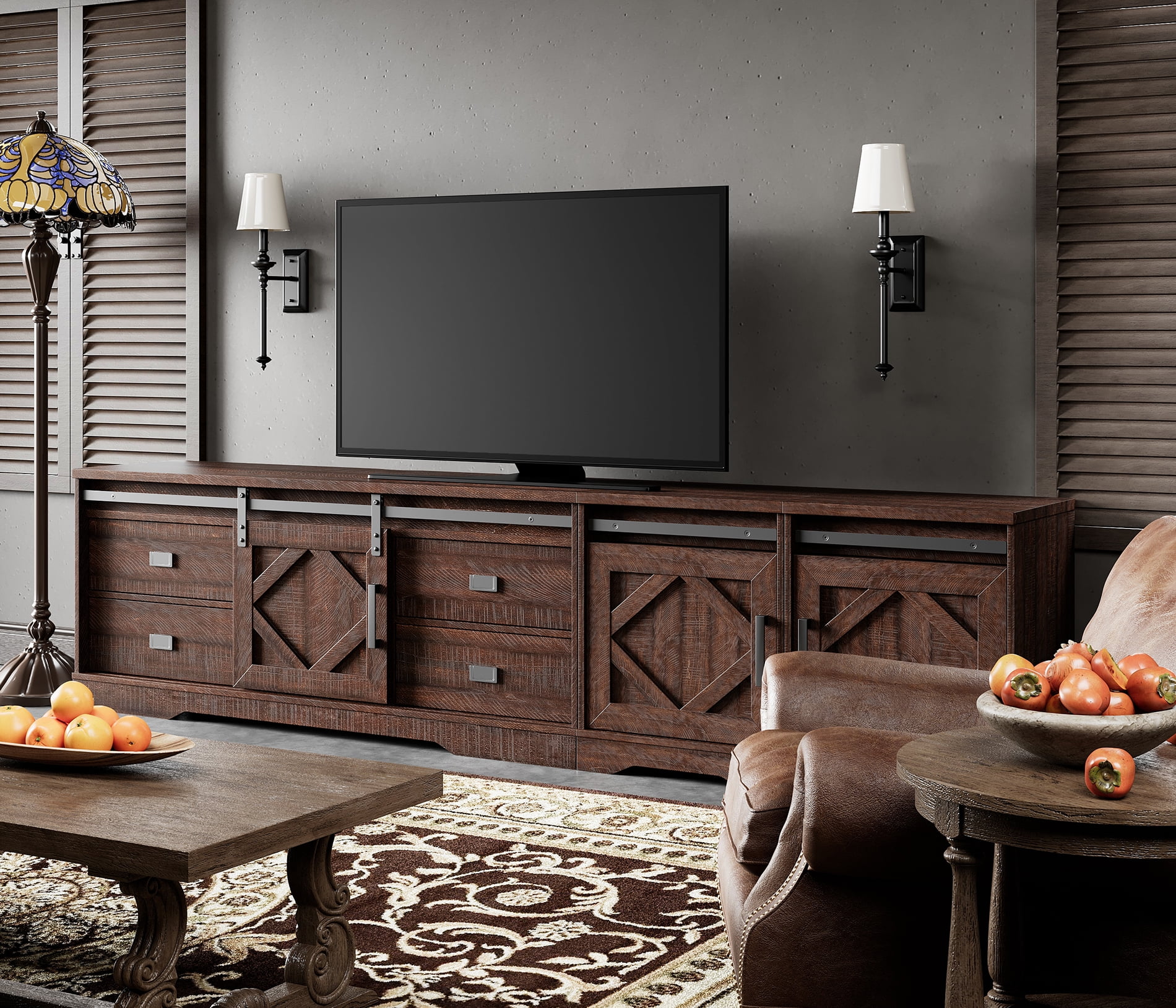 WAMPAT 3 in 1 Farmhouse TV Stand for TVs up to 110",Wood Entertainment Center with Drawers and Adjustable Shelves,TV Console Table with Barn Door for Living Room,Rustic Brown