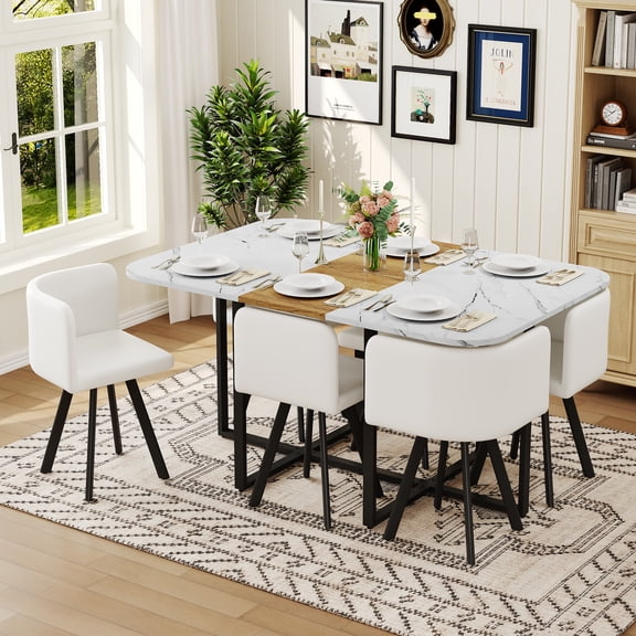 Dining Set, 7-Piece Space Saving Kitchen Table and 6 Chairs with Melamine Wood Top, PU Leather Cushioned Seats, Black Powder Coated Iron Frame, White and Wood for Dining Room