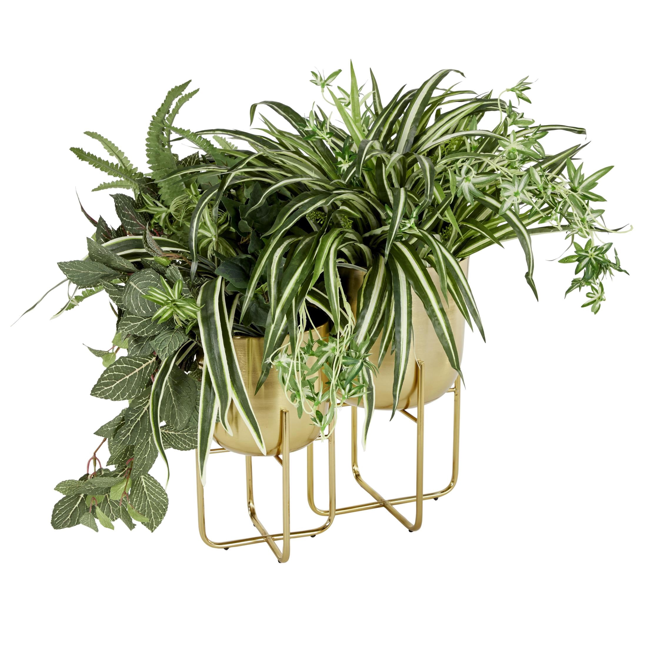 DecMode 16", 13"H Brushed Dome Gold Metal Planter with Curved X-Shaped Stands (2 Count)