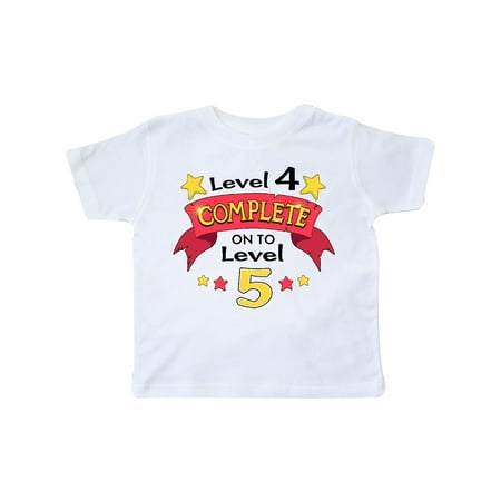 

Inktastic Level 4 Complete On to Level 5 5th birthday level up Gift Toddler Boy or Toddler Girl T-Shirt