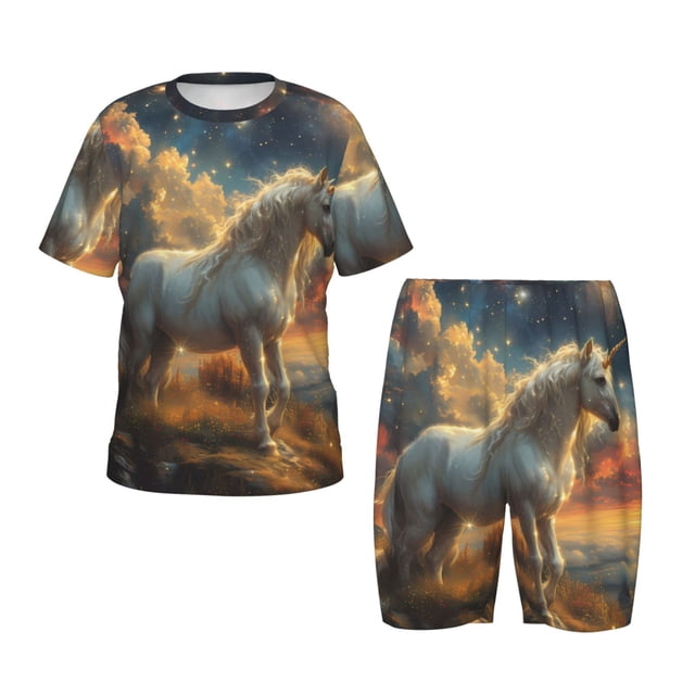 Fotbe Starry Sky White Horse Pijama Estampada de 2 Piezas para Niños – Ropa de Dormir de Manga Corta Cómoda para Niños y Niñas, Camiseta y Shorts de Algodón-XX-Large