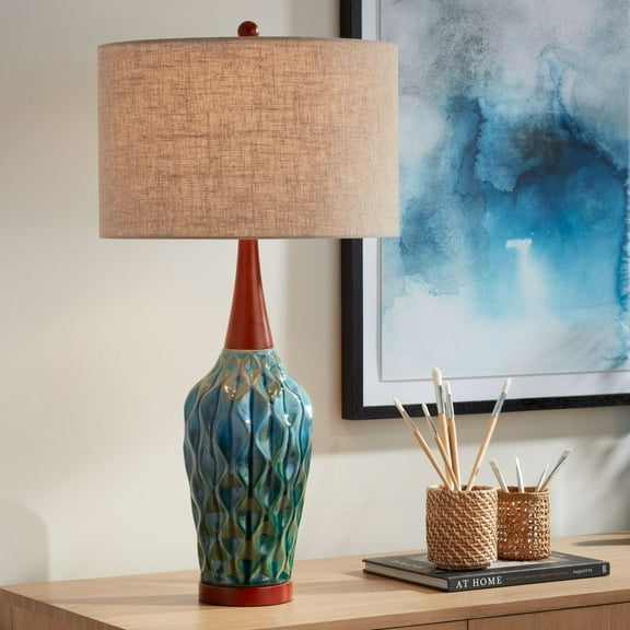 360 Lighting Rocco Modern Mid Century Table Lamp 30" Tall Blue Teal Glaze Ceramic with Table Top Dimmer Linen Fabric Drum for Bedroom Living Room Kids