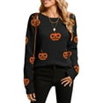 thumbnail image 2 of Sweaters for Women Halloween Pumpkin Print Crewneck Cable Knit Sweater Ribbed Long Sleeve Knitted Pullover Sweater Alsol Lamesa, 2 of 6