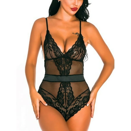 

Avamo Women Lingerie Deep V Bodysuit Lace Mesh Sleepwear Adjustable Strap Ladies Bow Plain Teddy Solid Color Black 2XL