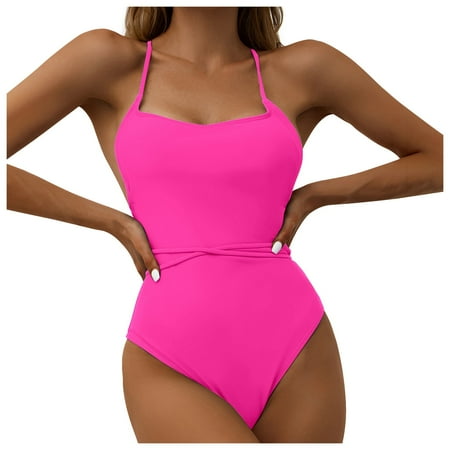 Blphud Shapewear Swimsuits for Women Bandeau Bikini Women s Slim Slim Conservative Sexy One- Piece Solid Color High Waist Swimsuit Woman Bikini 1 Piece Swimsuit Tummy Control Bathing Suits Pink M