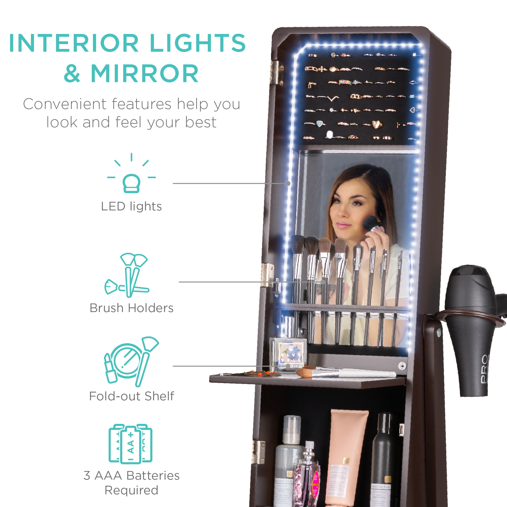 Best Choice Products Full Length Led Mirrored Jewelry Storage Organizer  Cabinet W/ Interior & Exterior Lights - Espresso : Target
