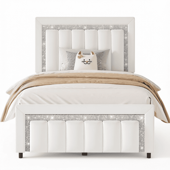 Twin Bed Frame with Velvet Upholstered Headboard and Silver Sparkle Trim, White