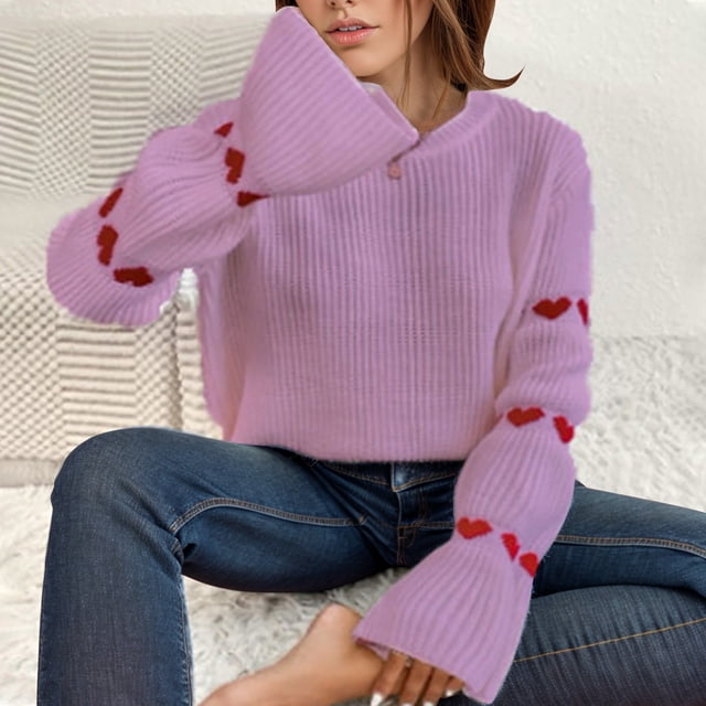 Suéter de cuello redondo para mujer, suéter informal con corazón, suéter de cuello redondo, suéter de cuello redondo, abrigo para mujer