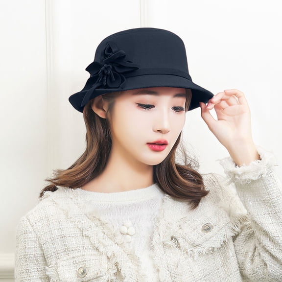 Vintage Felt Cloche Hat LSONABXA Imitation Wool Flowers Bucket Cloche Bowler Hat Flat Brim Inner Lining Winter Spring Autumn Wedding Tea Parties Daily Wear Black
