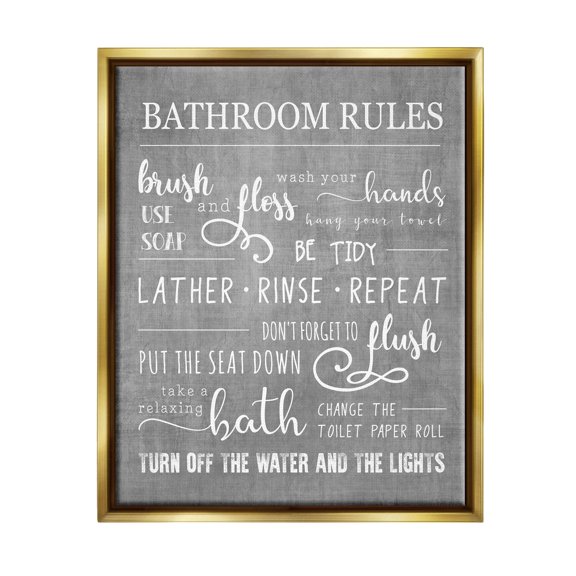 Stupell Industries Bathroom Rules List Sign Graphic Art Metallic Gold Floating Framed Canvas Print Wall Art, Design by Conrad Knutsen