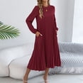 thumbnail image 3 of Women's Long Sleeve A-Line Flowy Pleated Midi Dress Round Neck Belted Waist Pockets Casual Dress, 3 of 7