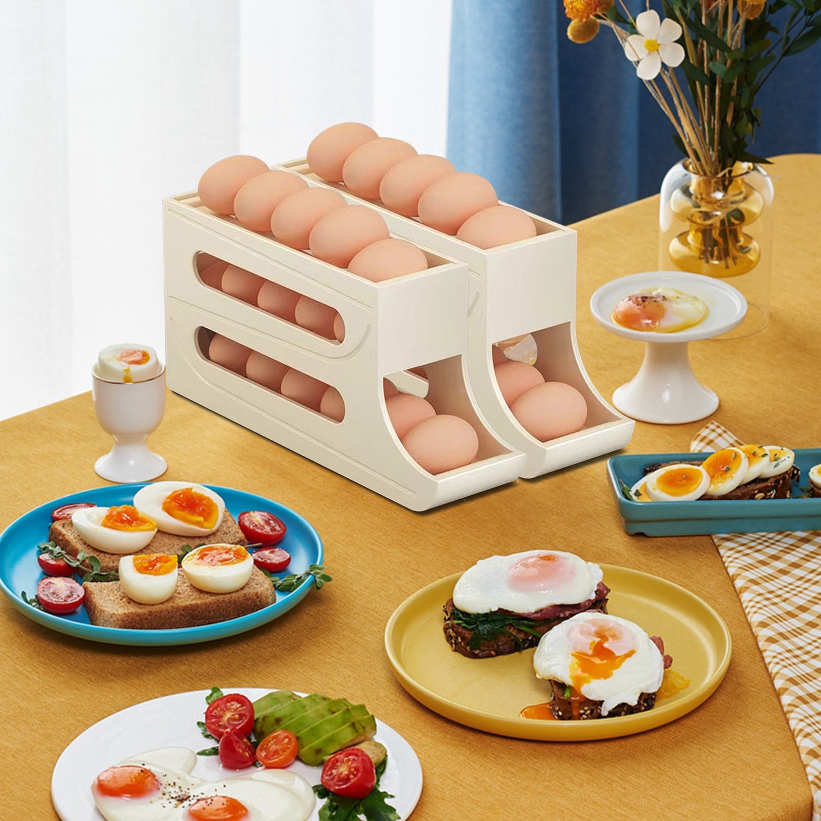 Eggs Dispenser, Refrigerator Egg Organizer, 3 Tier Rolling Rack, Space Saving Design, Holds 30 Eggs, Sturdy Plastic Construction, Kitchen Counter Storage