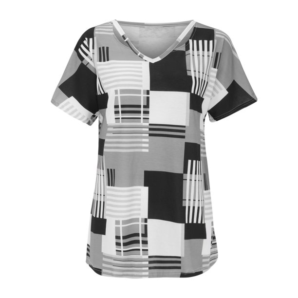 Gibobby Playera Corte clásico para MujerCamiseta manga corta con cuello en V y estampado a cuadros para mujer verano(Gris,CH)