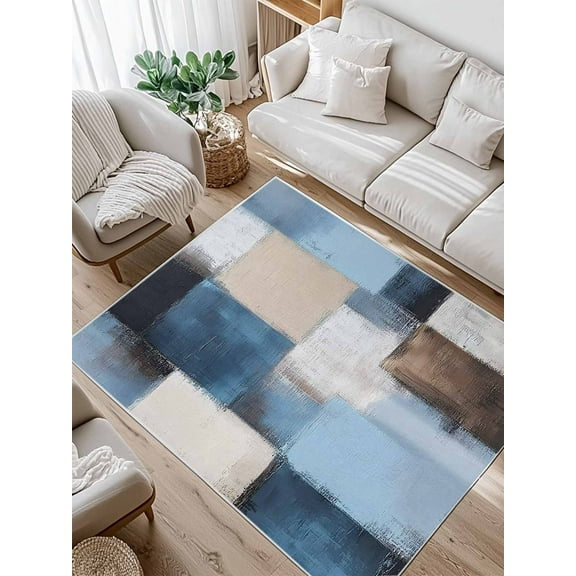 Abstract Color Stitching Area Rug for Bedroom 5x7 Ft Blue Brown Graffiti Theme Super Soft fuzzy Throw Rug Non-Slip Fluffy Plush Indoor Floor Carpet for Living Room Nursery Home Decor
