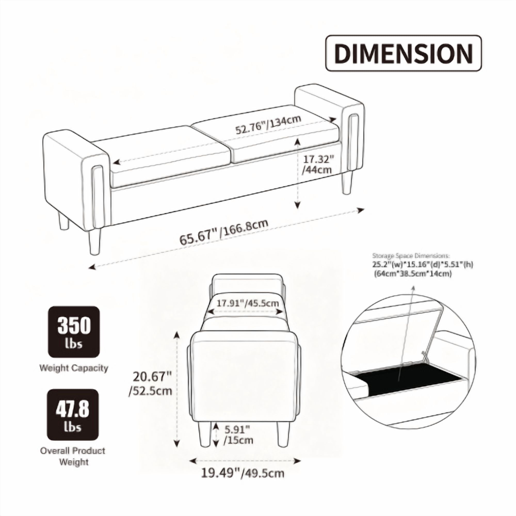 65.67" Wide Modern Upholstered Storage Bench with Double Lids and Armrest, Chenille Fabric, Rubberwood Legs, for Living Room, Entryway, Bedroom, Dormitory, Greige
