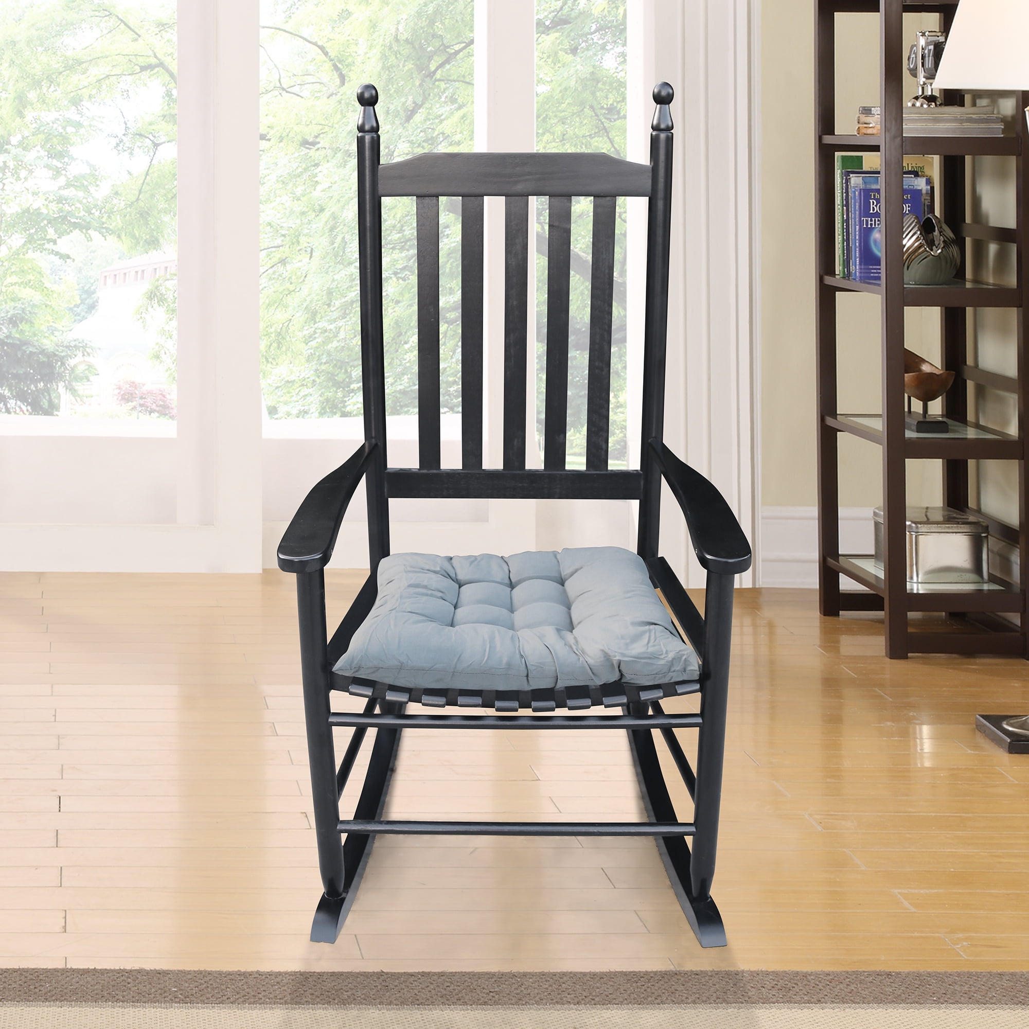 Black Outdoor Rocking Chair Patio Porch Solid Wood Rocker Runners Slatted Back 