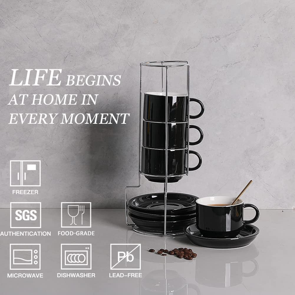 Porcelain Cappuccino Cups with Saucers and Metal Stand, 8 Ounce Stackable Espresso Cups for Specialty Coffee Drinks, Latte, Americano, Tea - Set of 4 (Black)