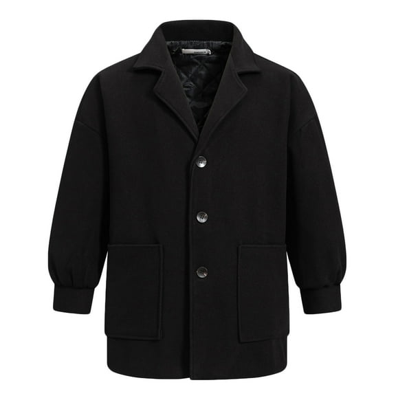 CHEEREAM Men's Pea Coat Slim Fit Single Breasted Short Wool Jacket Woolen Trench Coat Comfy Fashion Notched Lapel Overcoats with Pockets Black XXL