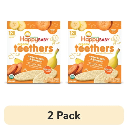 (2 pack) Happy Baby Organics Teethers Sweet Potato & Banana Gentle Teething Wafers, Gluten Free, 12 Count 2-Packs