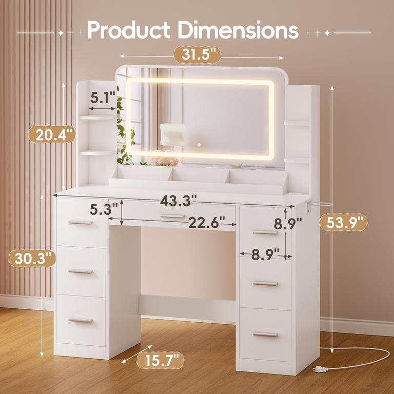 Homall Makeup Vanity Set with Mirror, Vanity Desk with LED Mirror & Charging Station, Vanity Table with Storage Drawers & Shelves for Bedroom Dressing Room, White