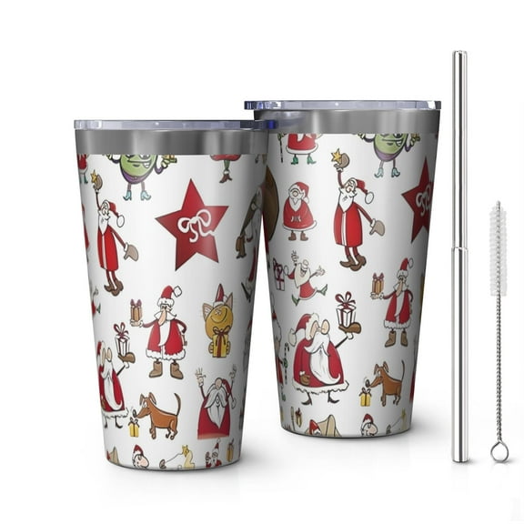 16oz Tumblers White Christmas Santa and Character Pattern Stainless Steel Vacuum Insulated Double Wall Travel Tumbler Cups Mug with Lid and Straw,Cleaning Brush for Coffee,Tea
