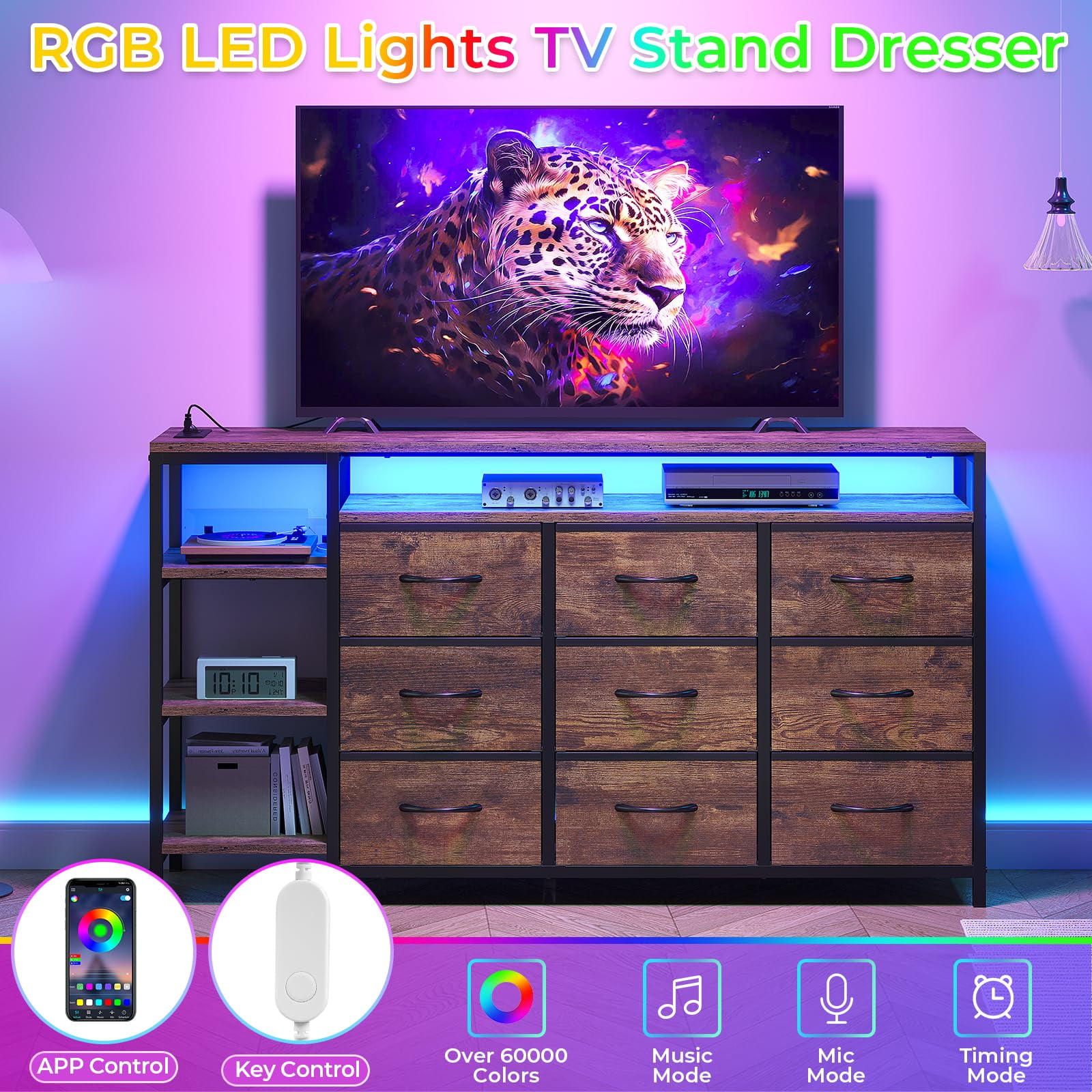 Afuhokles 9 Drawers Dressers for Bedroom with LED Lights and Powers Outlets,TV Stand for 55, 60 Inch TV, Entertainment Center with Drawers and Open Shelves, Rustic Brown