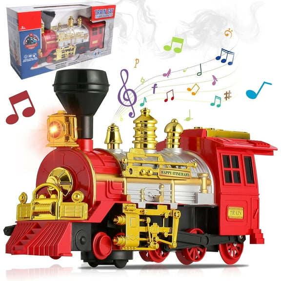 TYMZDYN Classical Train Toy Electric Steam Locomotive Engine with Smoke, Automatic Bump & Go Trucks with Lights Sound, for Kids Age 3 and Up Boys Girls Children