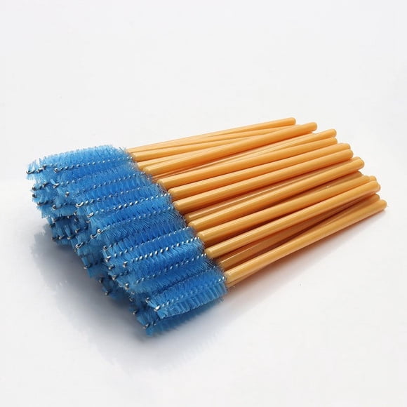 Nvzi 200 piezas de cepillos desechables para rímel de pestañas, para extensiones de pestañas, cejas y maquillaje (varilla amarilla, cabeza azul)