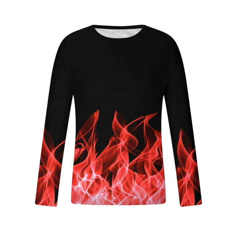 XFLWAM Tee Shirts for Men,Mens Fashion Fall Shirts Long Sleeve Crew Neck  Tops Flame 3D Print Sports Workout T Shirt for Mens Red M 