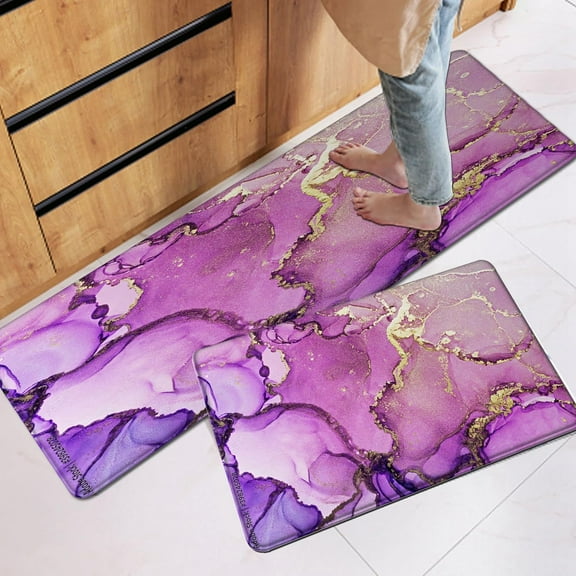 Purple and Gold Marble Kitchen Rugs Set Purple Marble Kitchen Mat Abstract Modern Art Kitchen Mats for Floor Soft Kitchen Mat Set of 2 for Home Laundry Kitchen Office Living Room