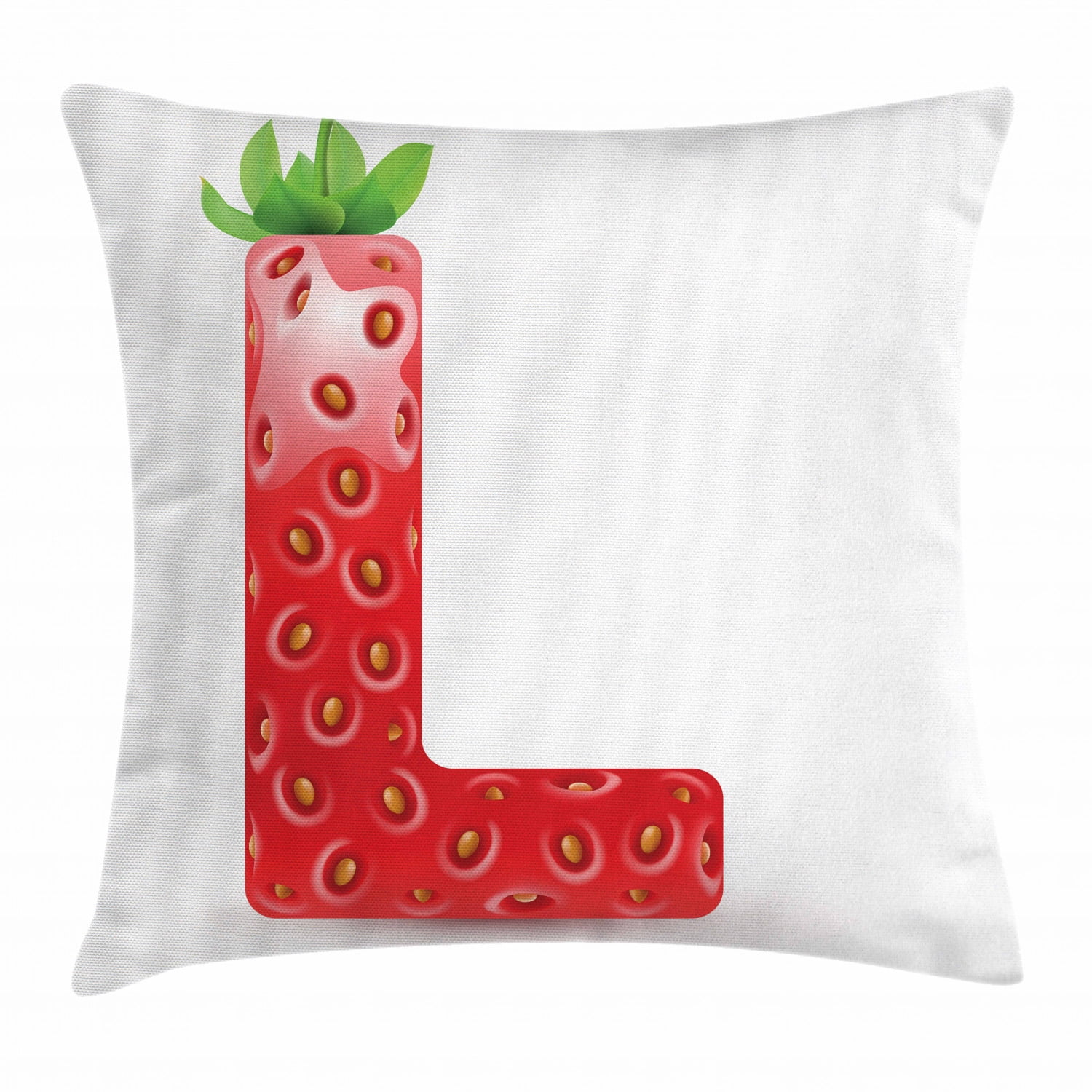 Letter L Throw Pillow Cushion Cover, Juicy Ripe Strawberry in Shape of Letter L Boys Girls Kids Design, Decorative Square Accent Pillow Case, 18 X 18 Inches, Vermilion Green Orange, by Ambesonne