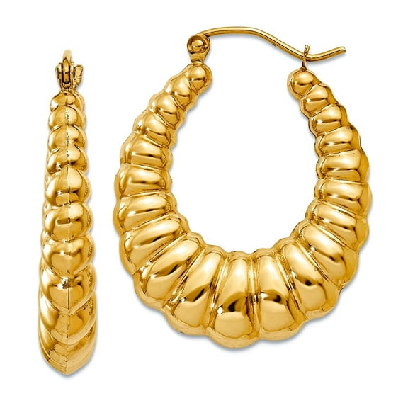 14k Yellow Gold Hollow Polished Scalloped Hoop Earrings 13x5mm Wide Hoop Earring for Women