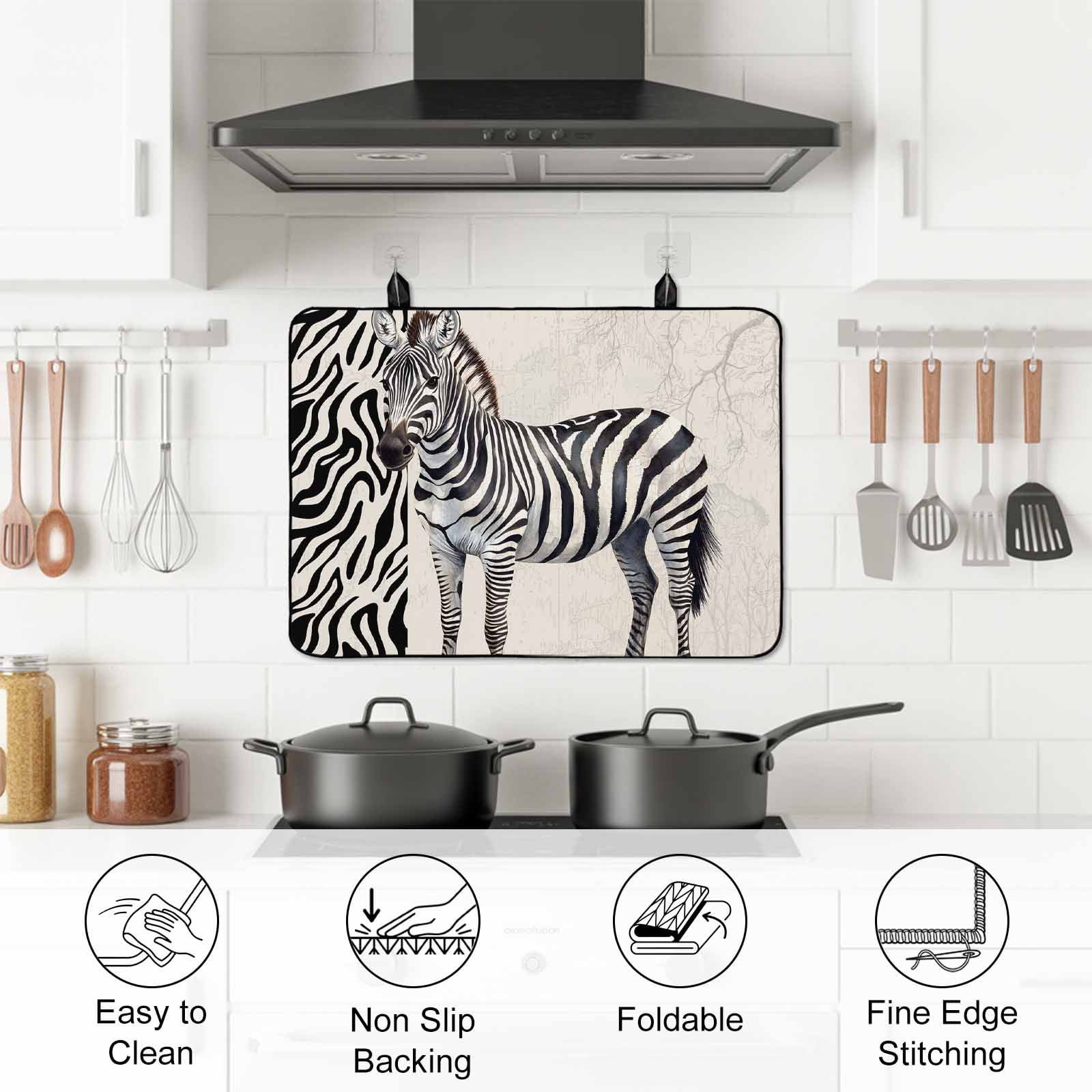 Vintage Zebra Stove Top Cover for Electric Stove, Heat-proof & Non Slip Glass Top Stove Cover Protector, Modern Art Animal Watercolor Kitchen Flat Cooktop Rubber Mat 24x21 Inches