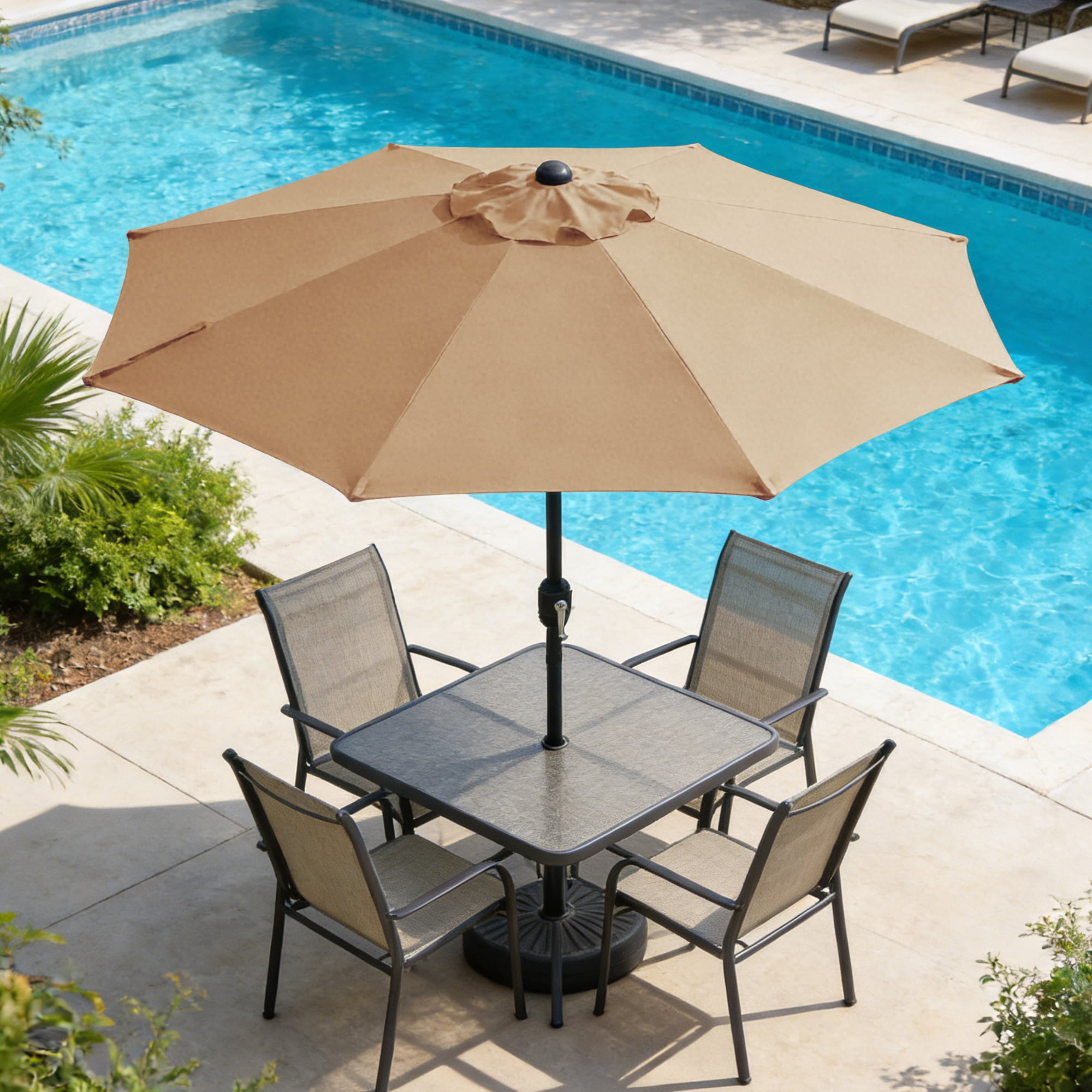Kool 10FT Outdoor Patio Umbrella with Push Button Tilt and Crank Handle, Market Umbrella with 8 Sturdy Umbrella Ribs, Tan