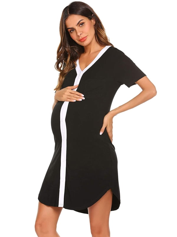 Women Button Down Breastfeeding Nightgown,Short Sleeve Round Neck