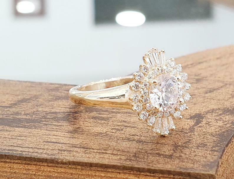 HeartsAndYou 4ct Round Cut Moissanite Ballerina Halo Engagement Ring for Women Women 18k Yellow Gold over Silver