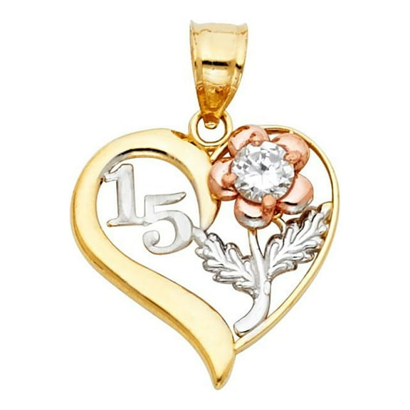 14k Tri Color Italian Gold 15 Años Heart & Flower Charm Pendant 18mm