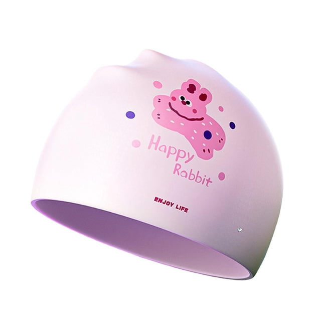 Gorro de baño para niños, gorro de baño portátil de silicona suave con dibujos animados, de ducha para hacer esnórquel, deportes acuáticos, buceo en Rosa