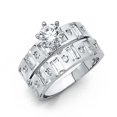 thumbnail image 2 of 14k White Gold 2 ct CZ Round & Baguette Wedding Ring Trio Set Bride & Groom, 2 of 3