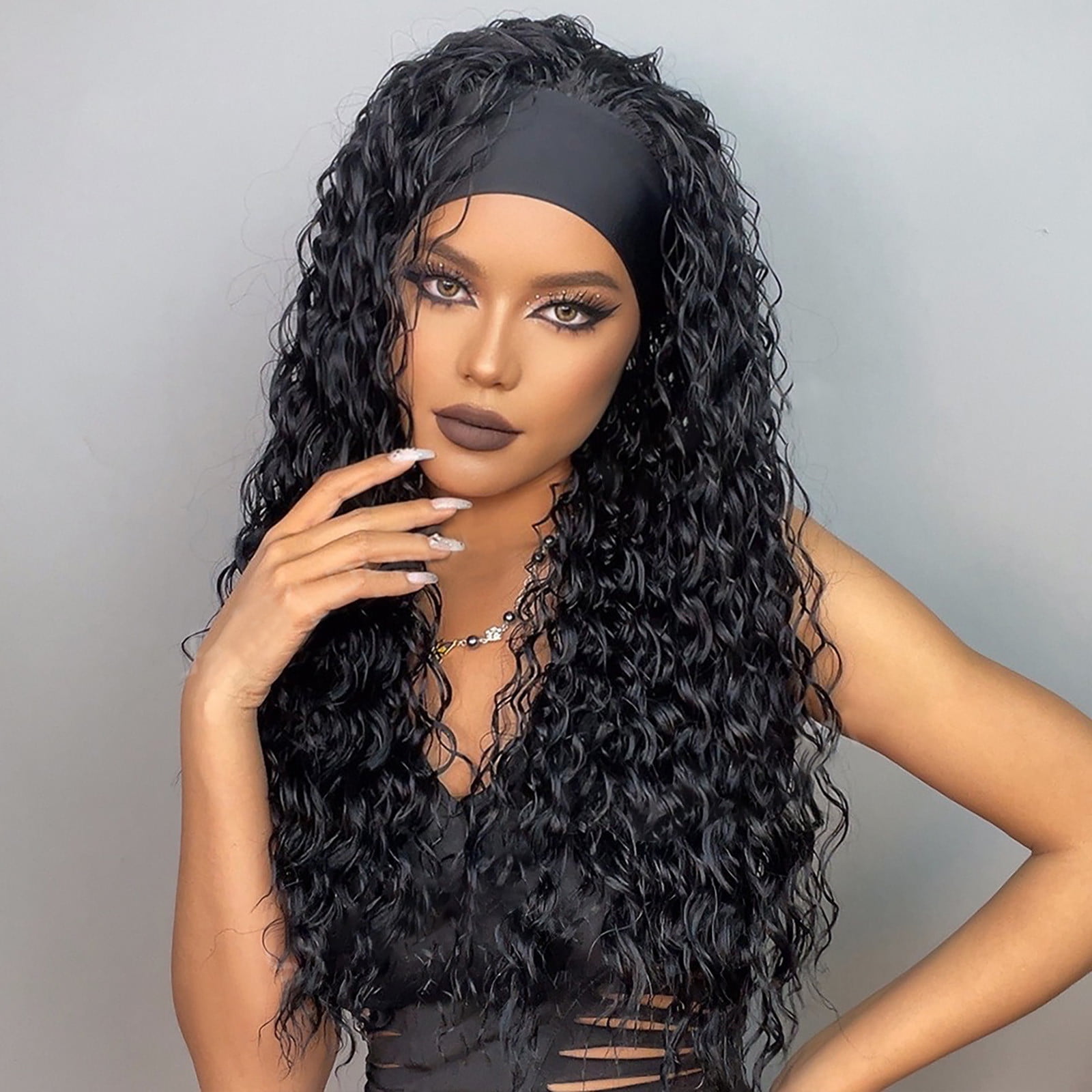 Headband Wigs Long Black Body Wave Clueless Wigs for Black Women,24inch Headband Wig Curly Deep Wave Headband Wig,Synthetic Natural Looking Wavy Head Band Wig Human Hair Wigs